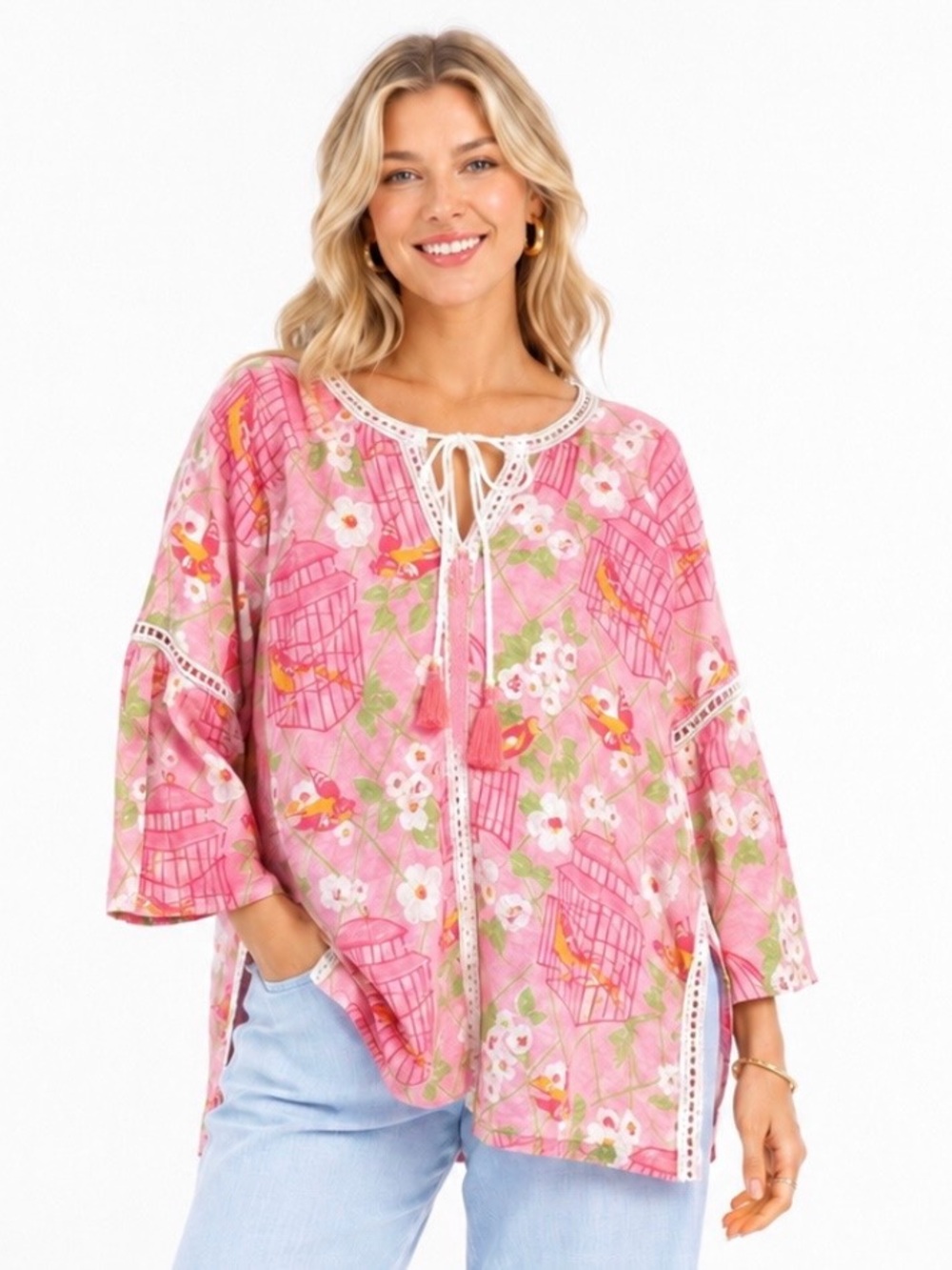 Spartina 449 Linen Wren Top Pink Size L Birds Floral Beach Resort Cruise Preppy